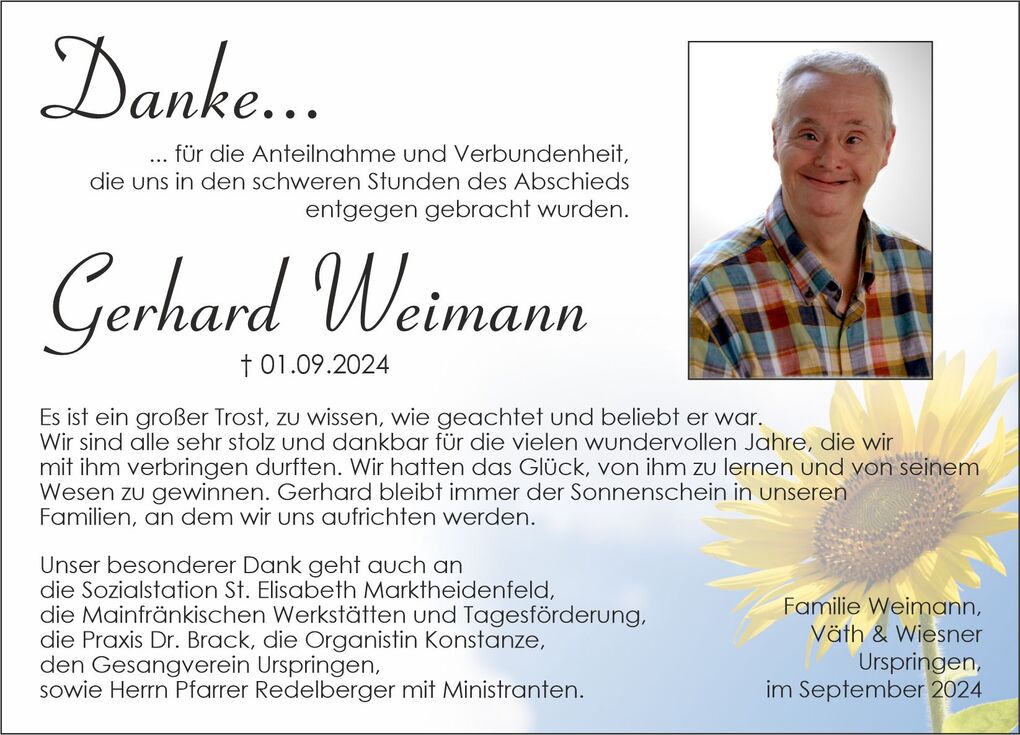 Traueranzeige f&uuml;r Gerhard Weimann mit Dankesworten und einem Portraitfoto neben einer Sonnenblume.
