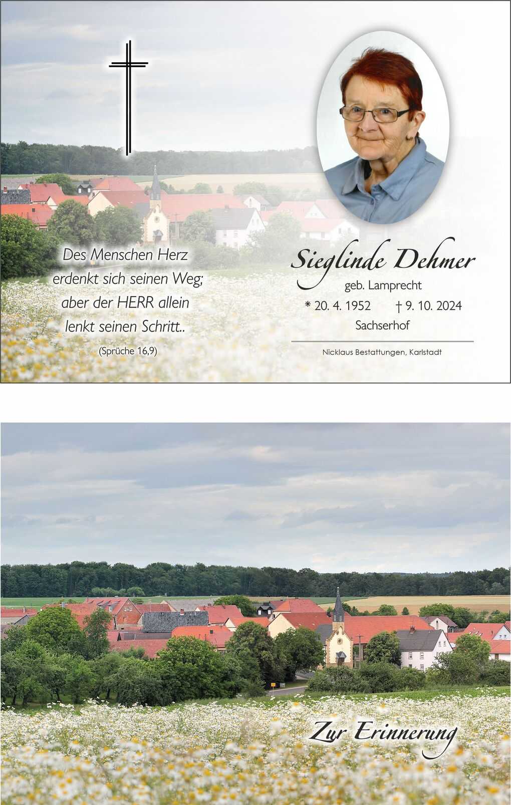 Trauerkarte mit passendem Bild, Namen Sieglinde Dehmer und einem zitierten Spruch &uuml;ber den Lebensweg.