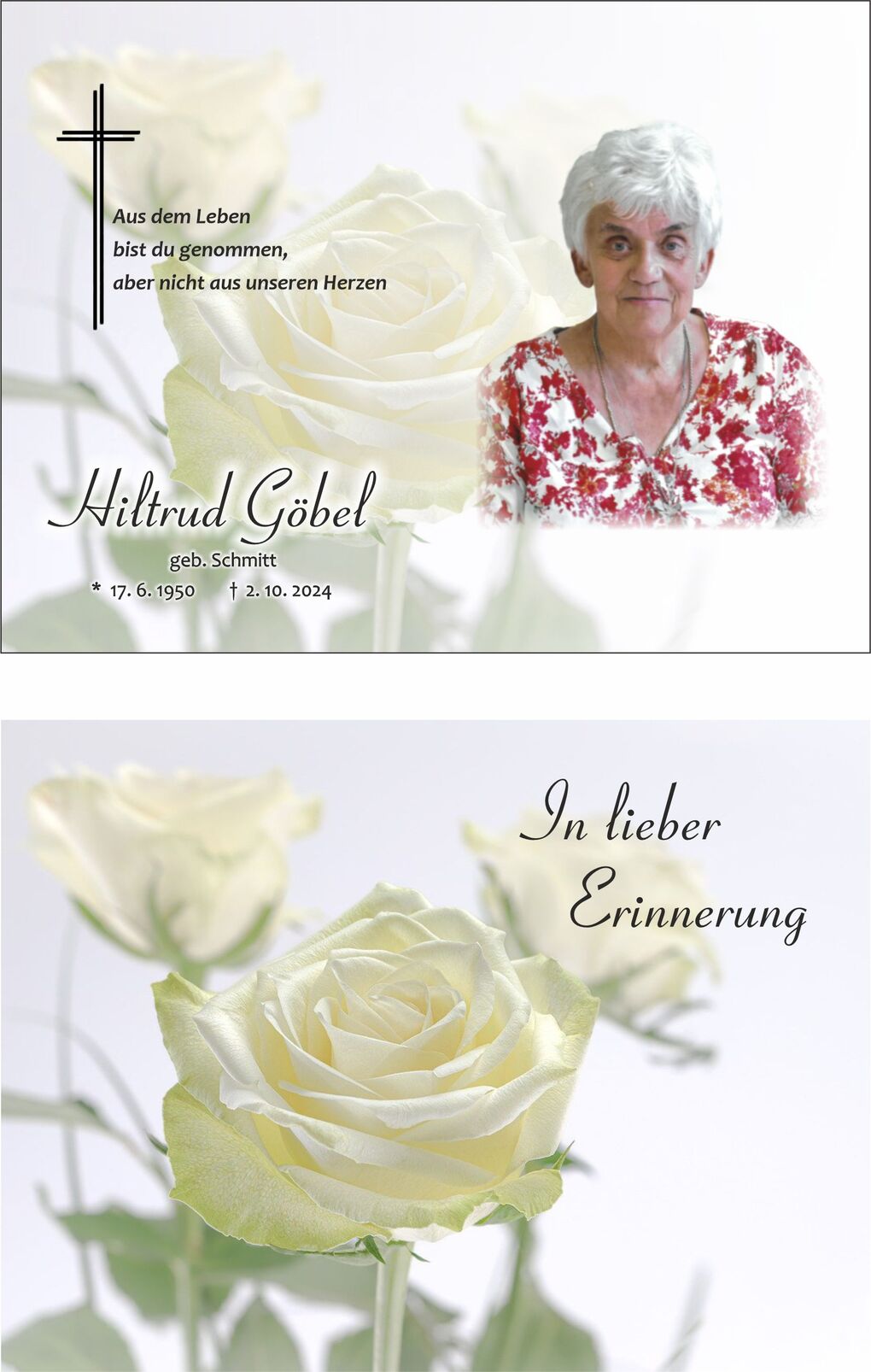 Trauerkarte mit wei&szlig;er Rose, Bild von Hiltrud G&ouml;bel, Name und Lebensdaten in eleganter Schrift, Hintergrund hell.