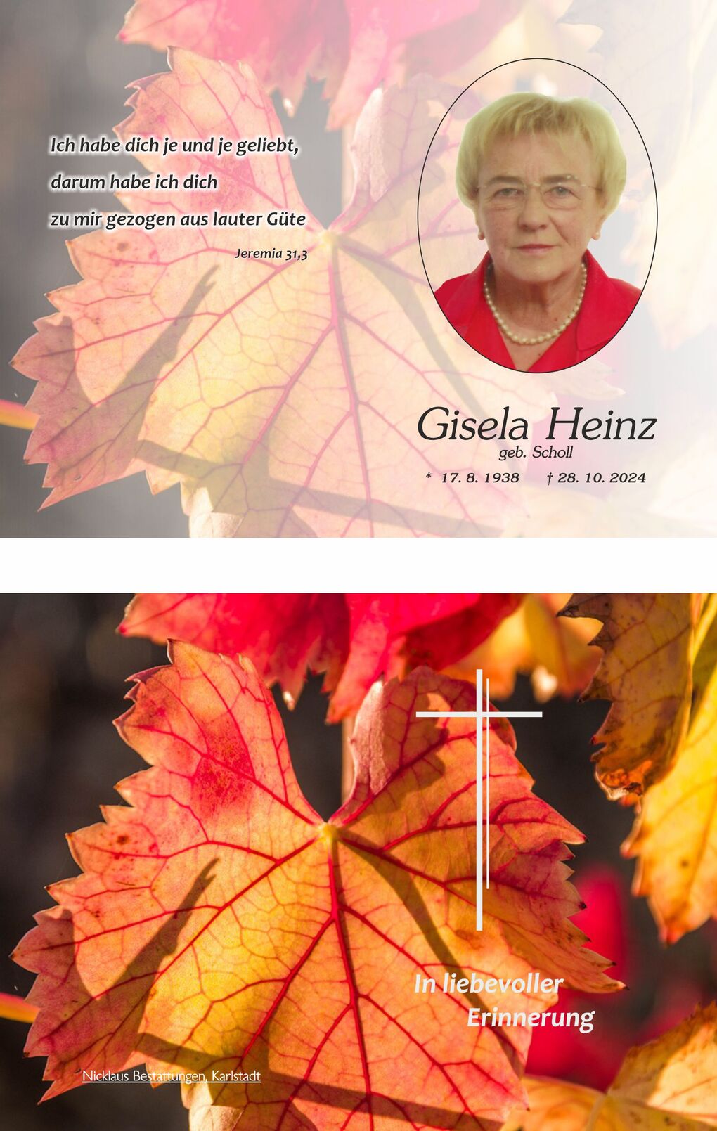 Gedenkbild mit Foto einer Frau, buntem Laub und dem Text &bdquo;In liebevoller Erinnerung&ldquo; sowie Angaben zur Person.