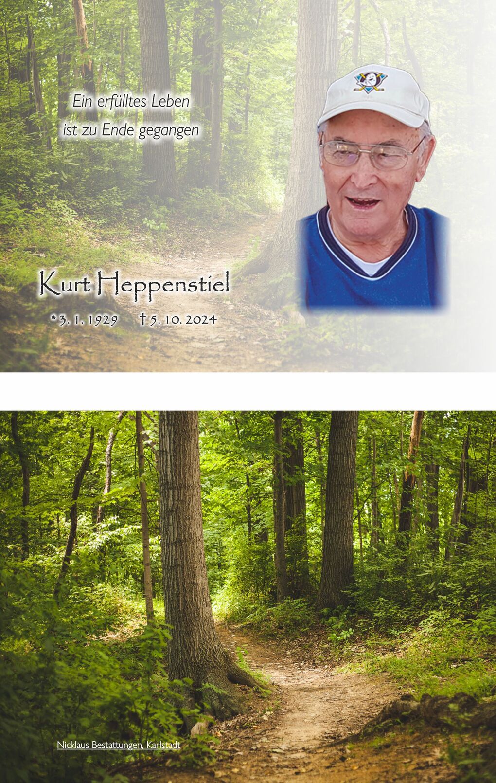 Portrait eines &auml;lteren Mannes mit Brille und Kappe, umgeben von einem Waldweg und einem Trauerschriftzug.