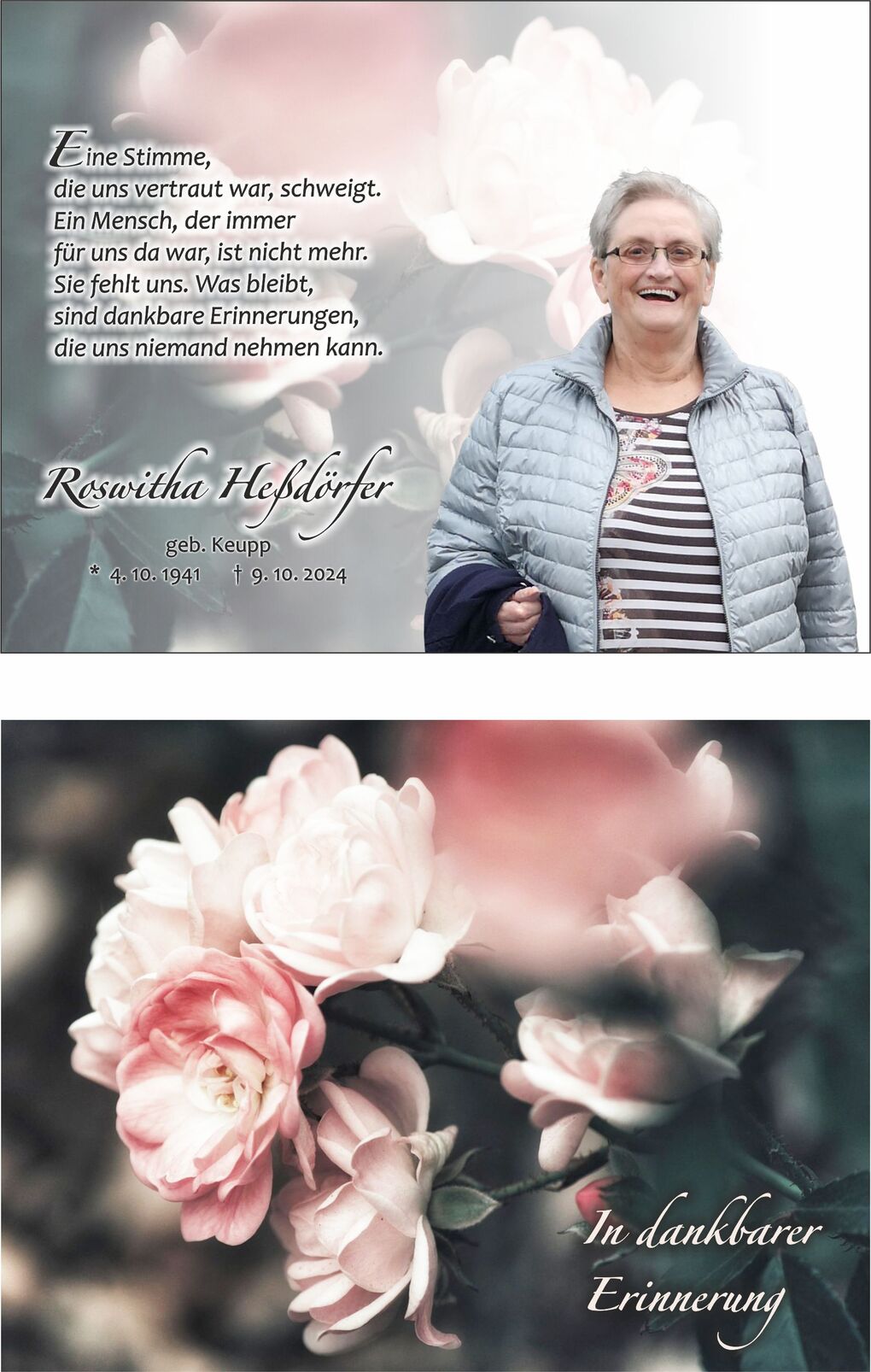 Portrait einer l&auml;chelnden Frau in einer grauen Jacke vor blassen Rosen, begleitet von einem Erinnerungszitat.