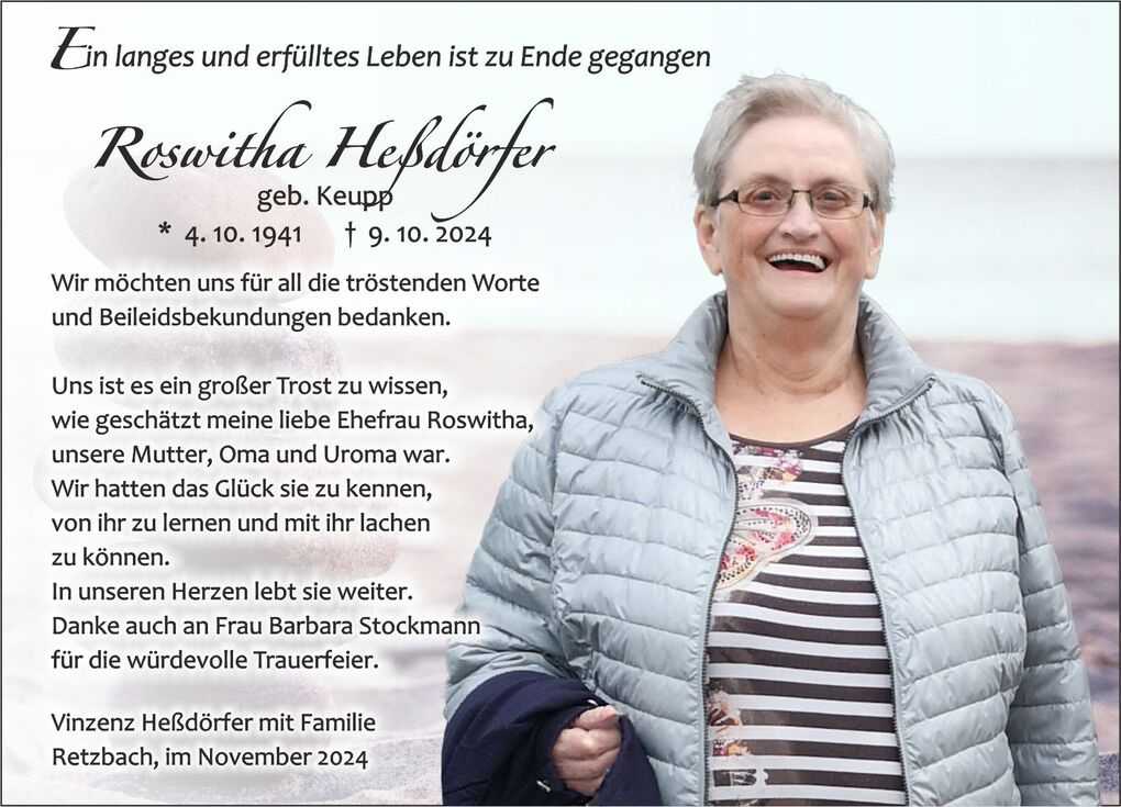 Traueranzeige f&uuml;r Roswitha He&szlig;d&ouml;rfer mit Geburts- und Sterbedatum, daneben ein l&auml;chelndes Foto der Verstorbenen.