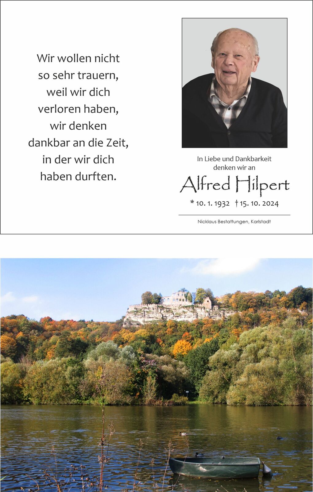 Bild einer Trauerkarte mit einem Portr&auml;t von Alfred Hilpert und einem farbenfrohen Herbstmotiv eines Flusses mit einem Boot.