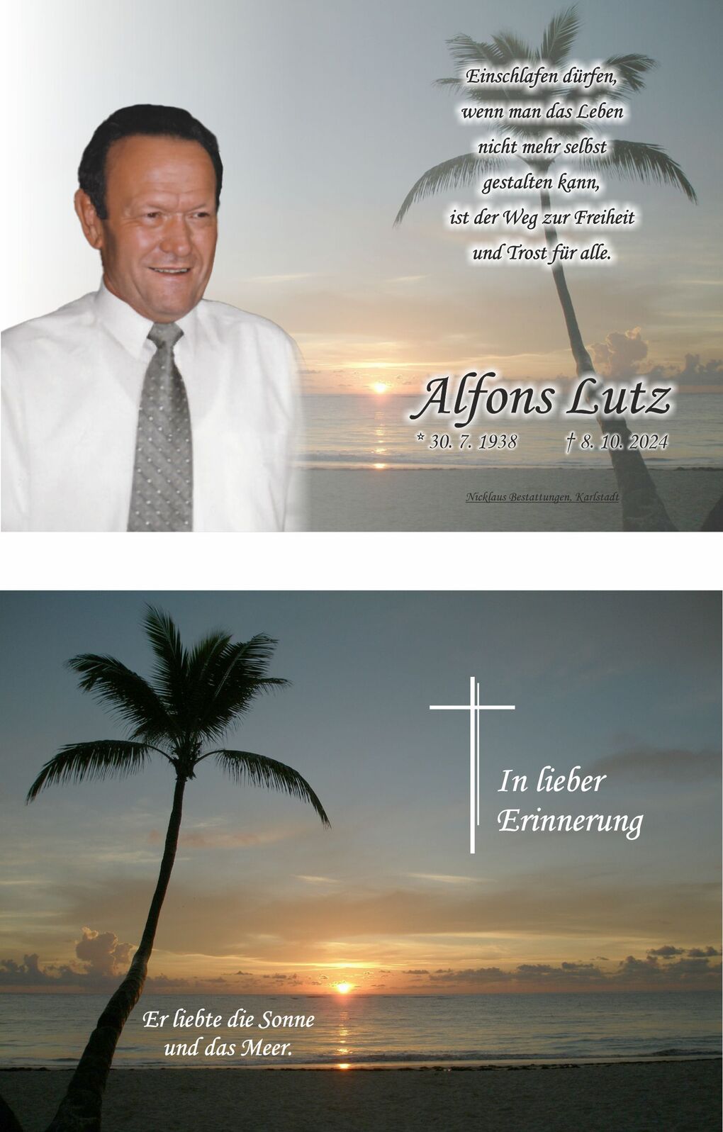 Portrait eines Mannes neben einem Sonnenuntergang am Meer, mit Texten zur Erinnerung und einem Kreuz.