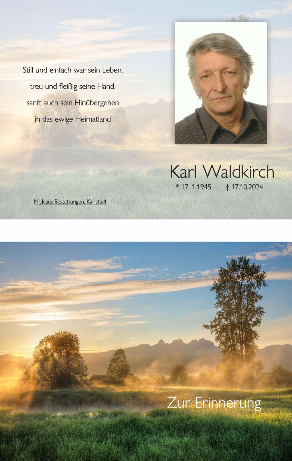 Bild von Karl Waldkirch, mit Geburts- und Sterbedaten, umgeben von einer landschaftlichen Hintergrundszene mit Sonnenaufgang.