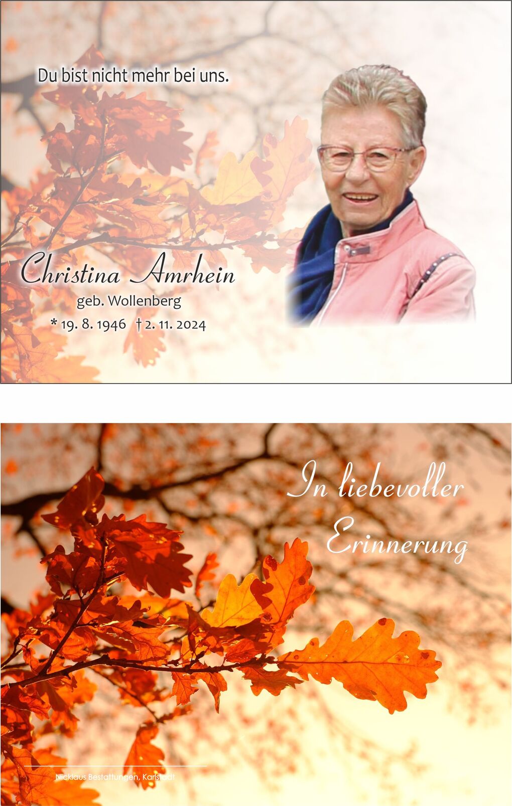 Bild mit Portr&auml;t von Christina Amrhein, umrahmt von leuchtend orangefarbenem Herbstlaub und einem Erinnerungszusatz.