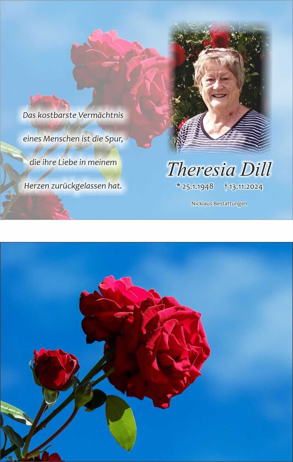 Rote Rosen vor blauem Himmel, umrahmt von der Erinnerung an Theresia Dill mit Geburts- und Sterbedatum.