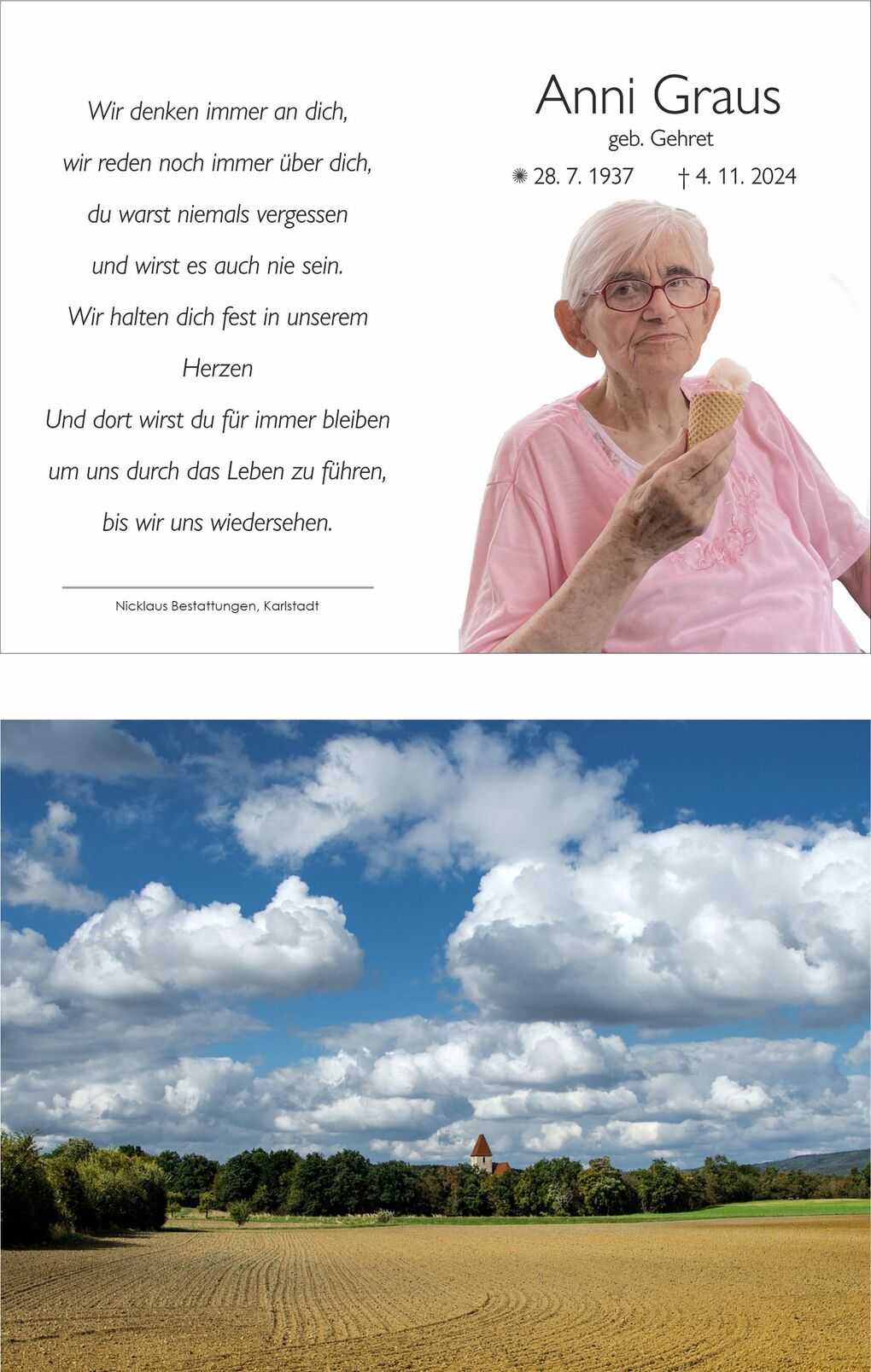Portr&auml;t einer &auml;lteren Frau mit Brille, die ein Eis in einer Waffel h&auml;lt, Hintergrund mit Text und Gedenkdaten.