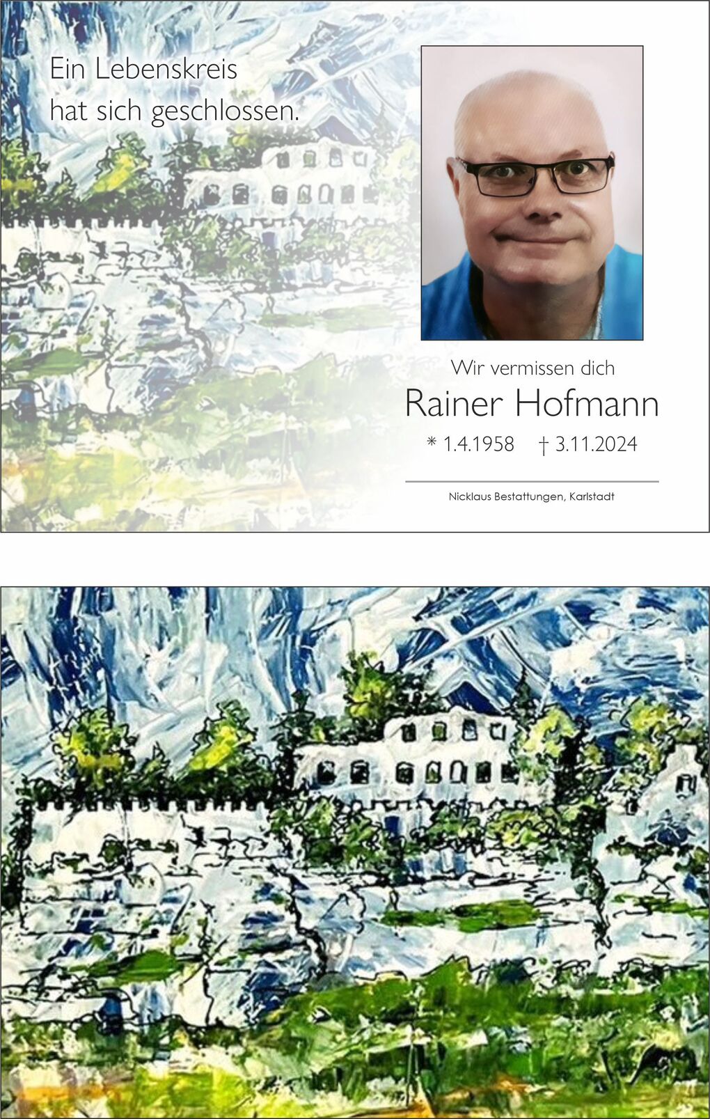 Trauerkarte mit Foto und Text, um Rainer Hofmann zu gedenken, umgeben von einer bunten Landschaftsmalerei.