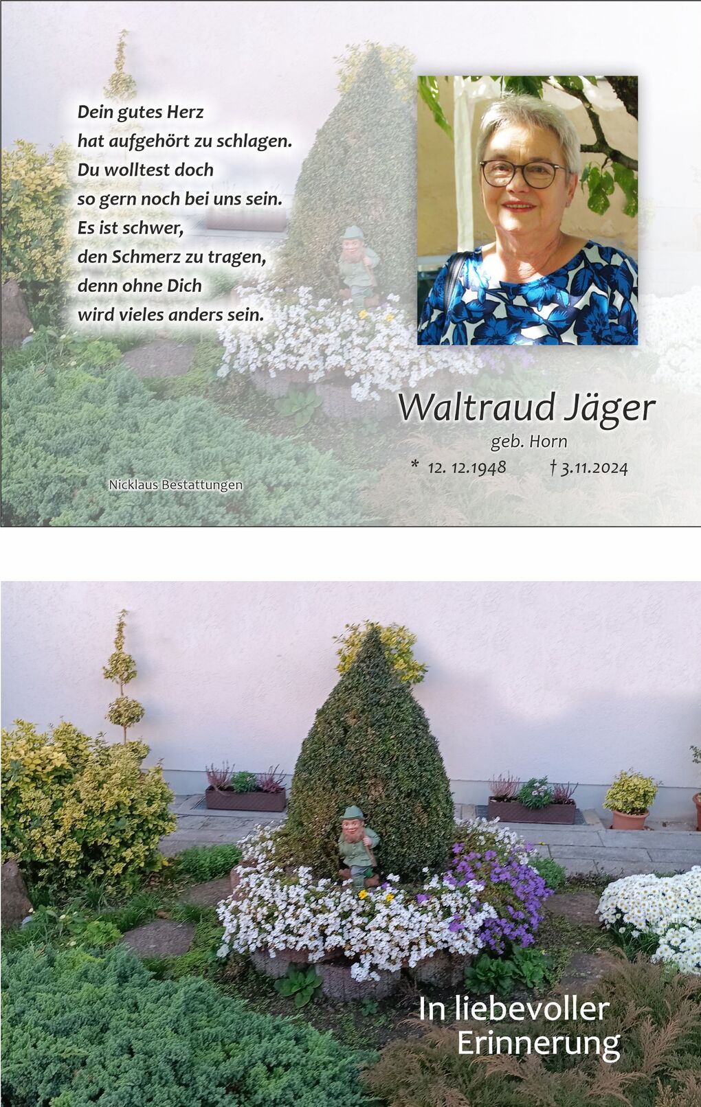 Gedenkblatt mit Foto einer Frau, Gedicht und Gartenarrangement mit bl&uuml;henden Pflanzen und einer Gartenfigur.