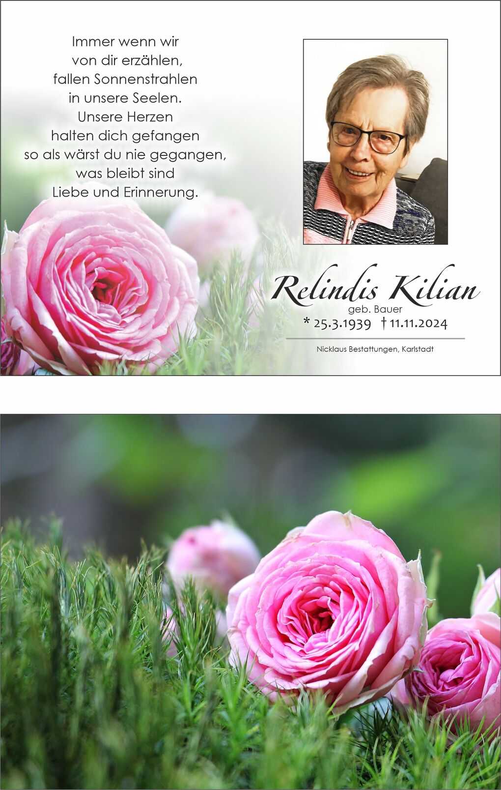 Gedenkbild mit Foto einer &auml;lteren Frau, umgeben von Rosen und einem Gedicht &uuml;ber Liebe und Erinnerung.