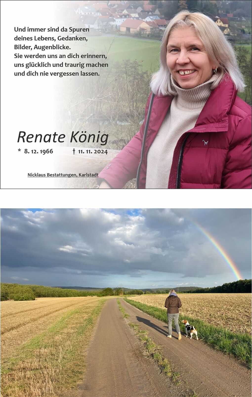 Portrait einer Frau in einem roten Mantel vor einer Landschaft, umgeben von Erinnerungstexten und Daten.