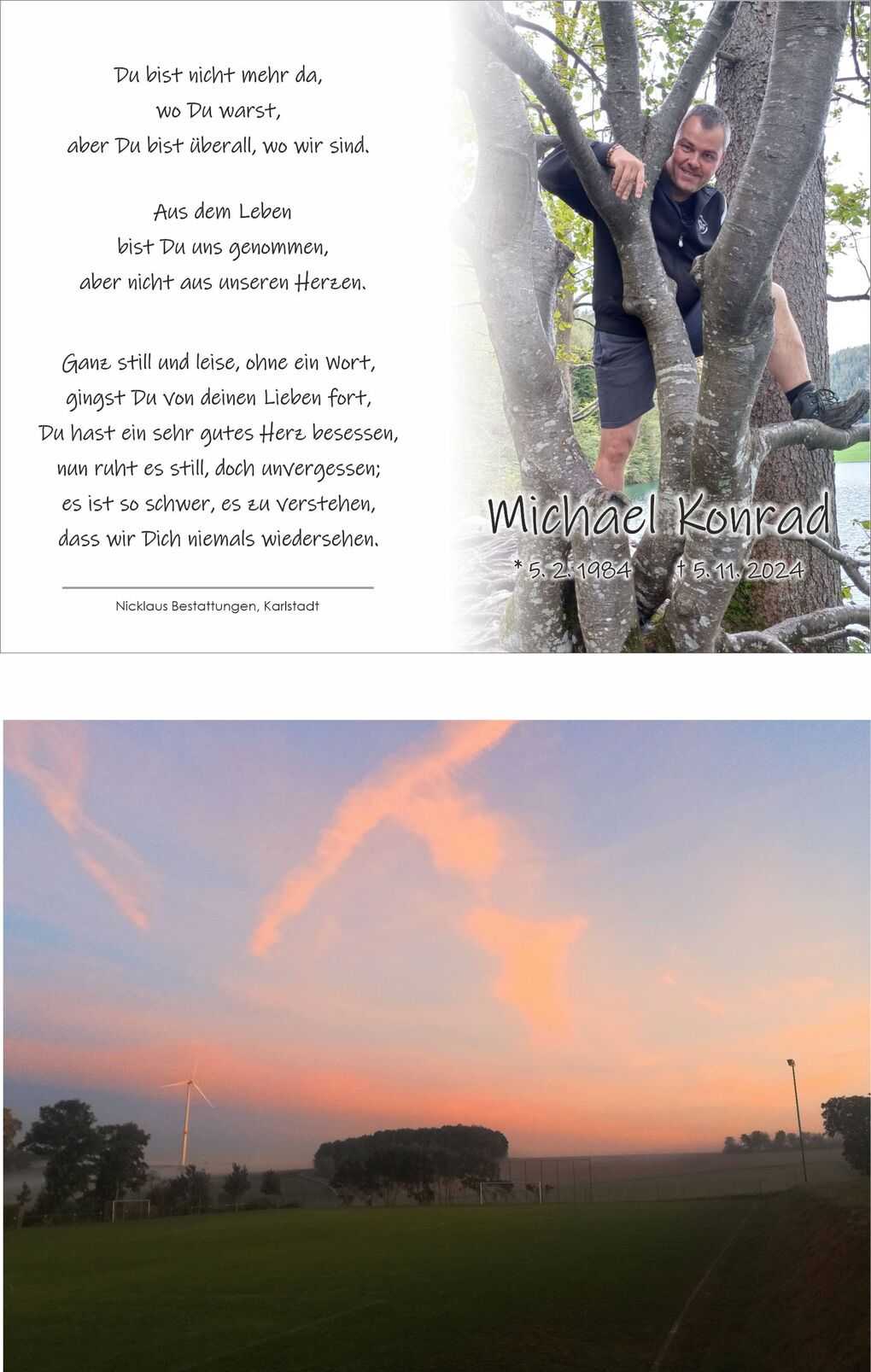 Eine Trauerkarte mit einem Bild eines Mannes in einem Baum, umgeben von einem Gedicht und Daten.