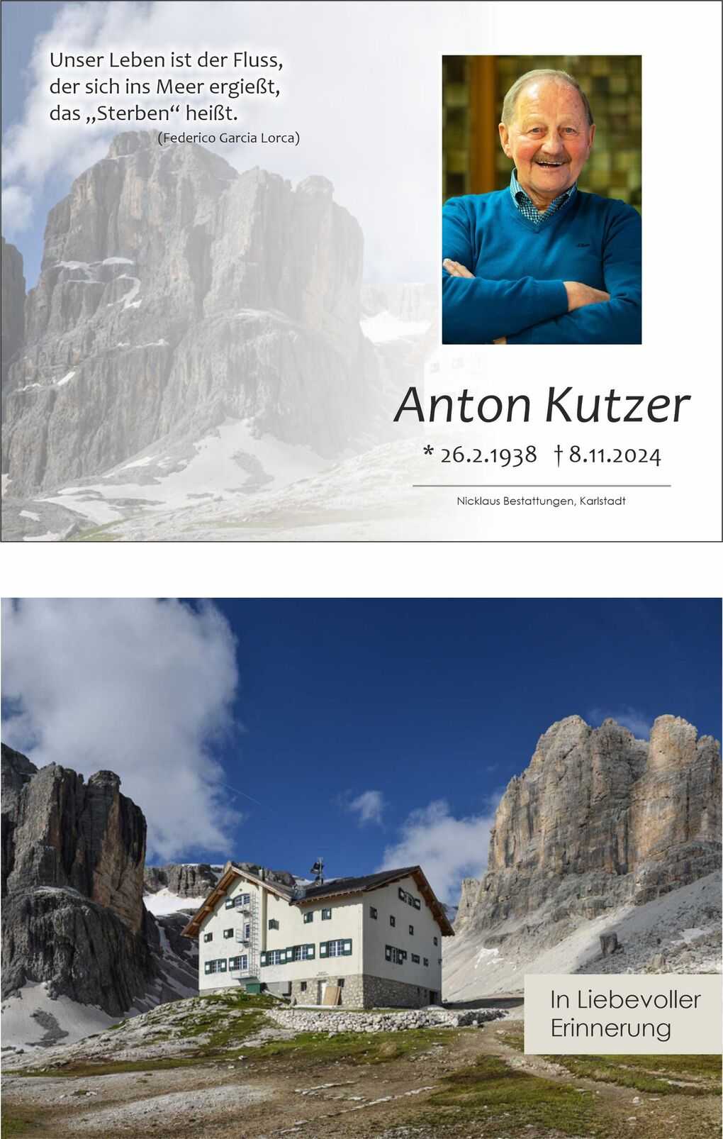 Portr&auml;t von Anton Kutzer auf einem Trauerbild mit Berglandschaft im Hintergrund und einem Zitat von Federico Garc&iacute;a Lorca.