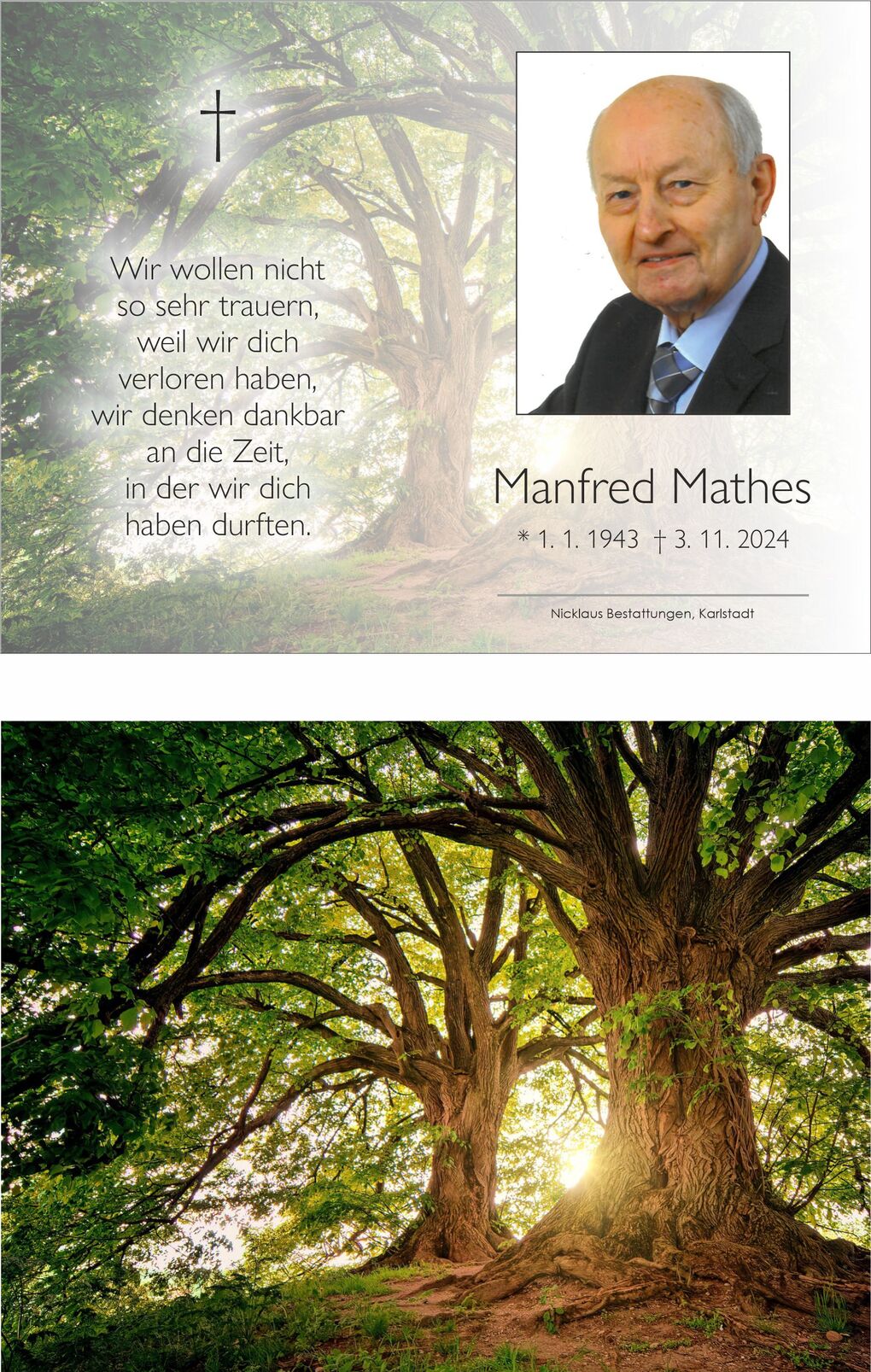 Gedenkkarte mit Foto von Manfred Mathes, Text zur Trauer und ein gro&szlig;er Baum im Hintergrund.