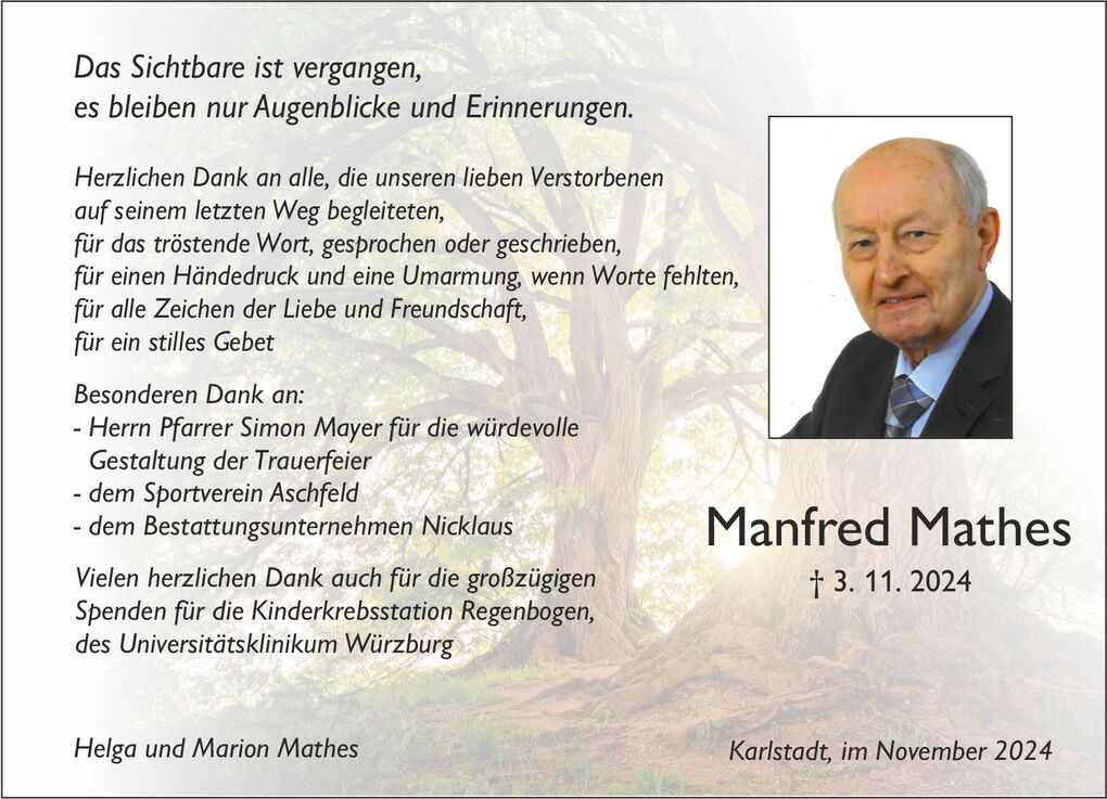 Trauereinladung mit Dankesworten an Pfarrer und Unterst&uuml;tzer, eingerahmt von einem Hintergrund mit einem Baum.