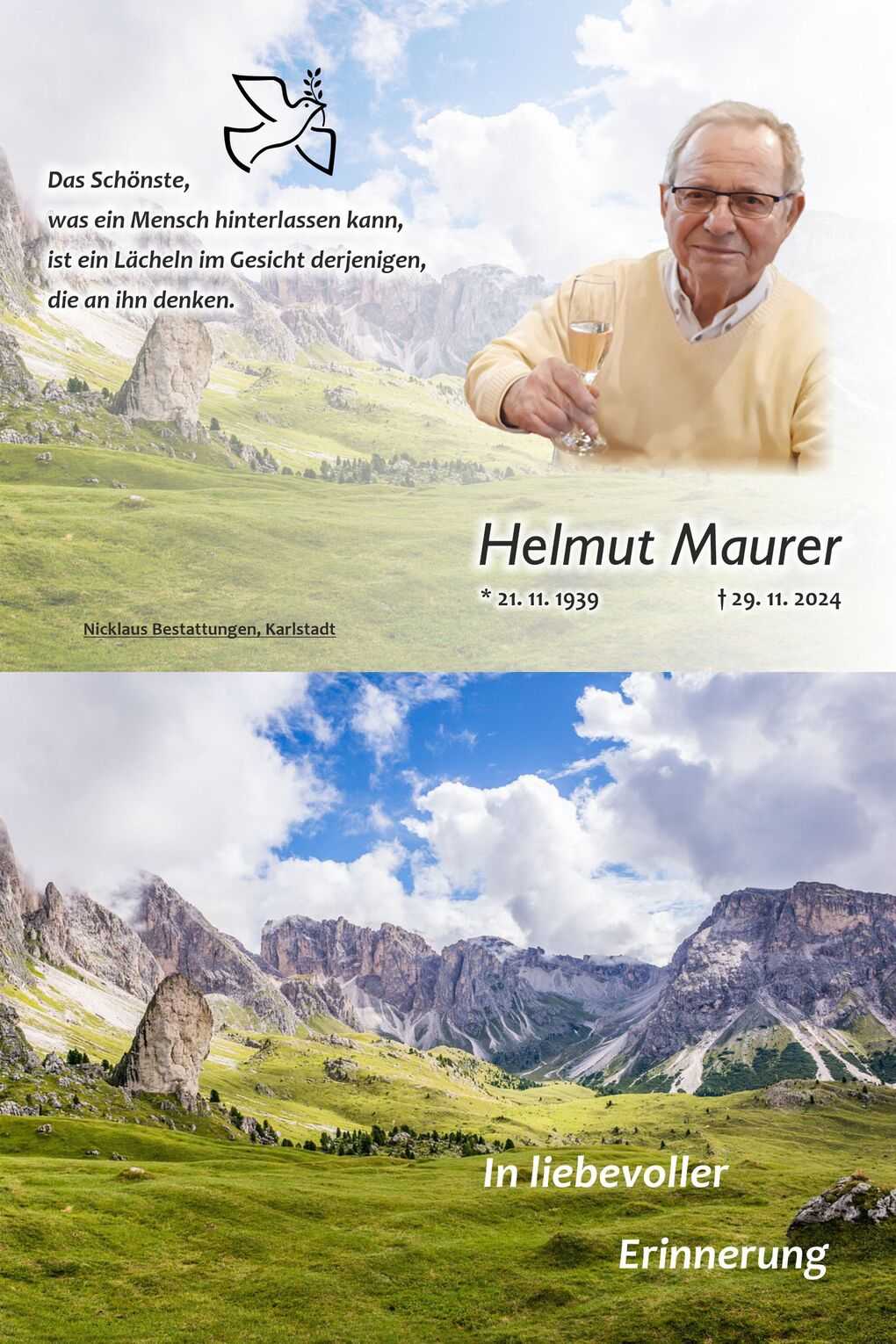 Bild mit Text zum Gedenken an Helmut Maurer, einschlie&szlig;lich einer Naturkulisse mit Bergen und Wiese.