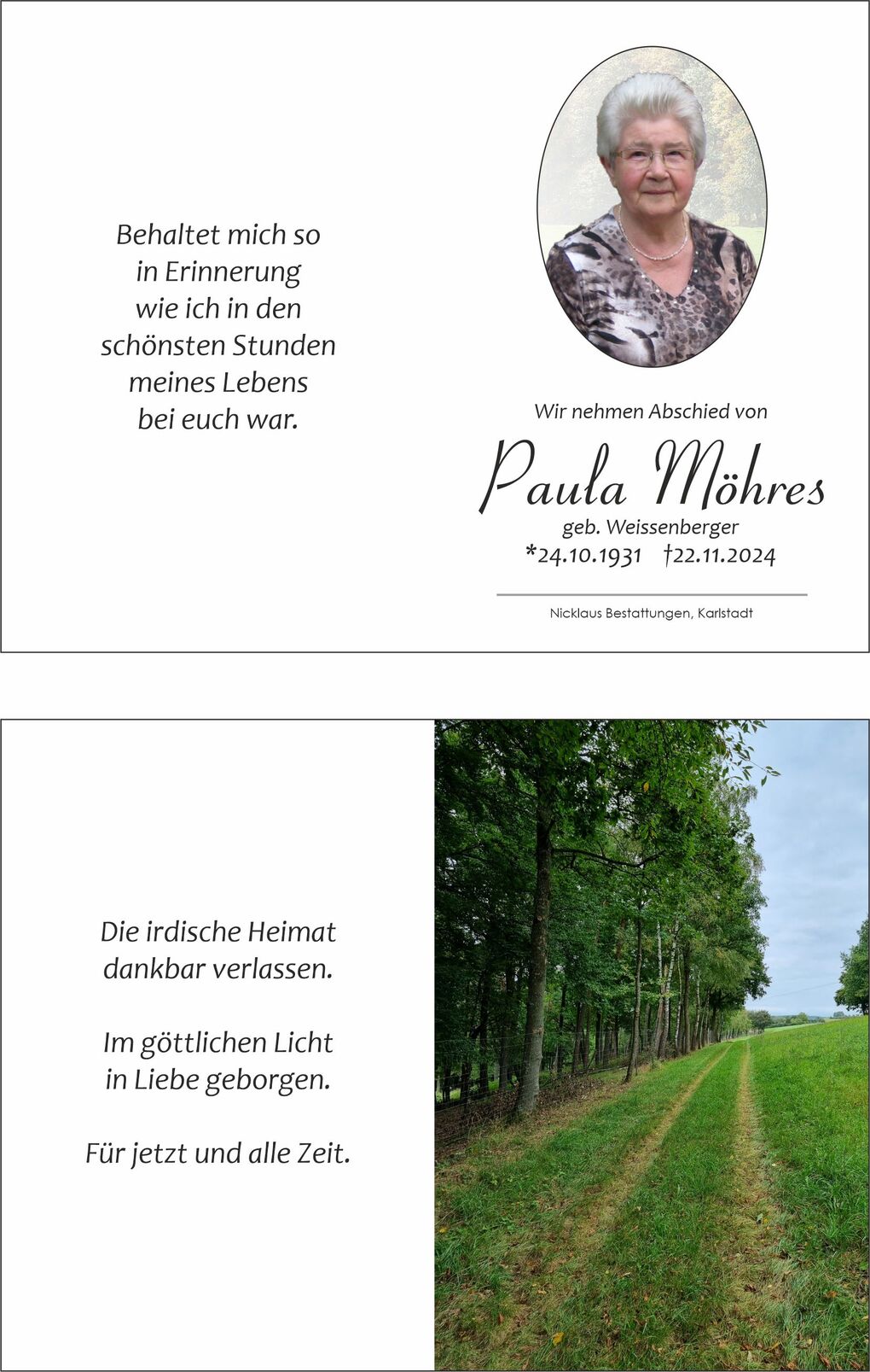 Trauerkarte mit dem Bild von Paula M&ouml;hres und einem Waldweg, umrahmt von liebevollen Abschiedsworten.