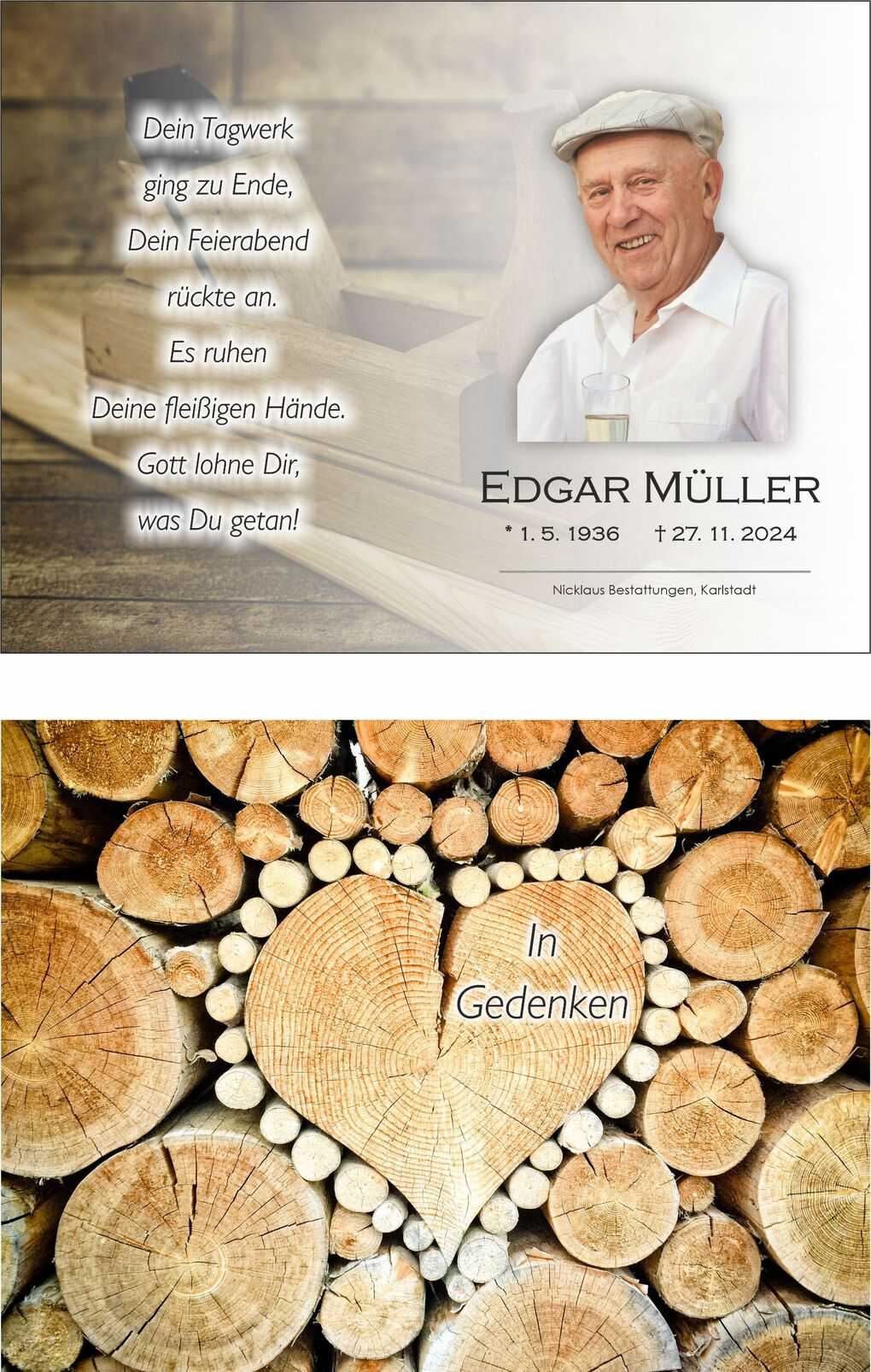 Trauerkarte mit Portr&auml;t von Edgar M&uuml;ller, Datum und Gedenktext auf strukturiertem Holzuntergrund.