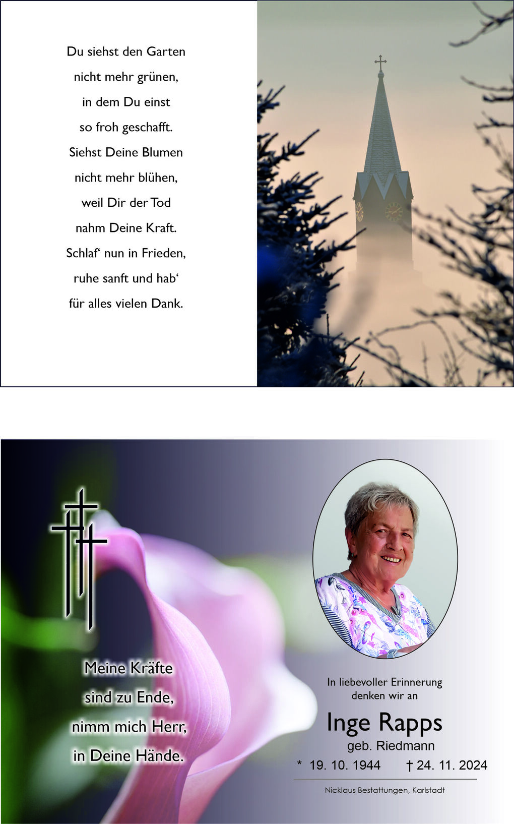 Trauerkarte mit Text, Portr&auml;t einer Frau im Oval und einer Lilie auf farbigem Hintergrund.