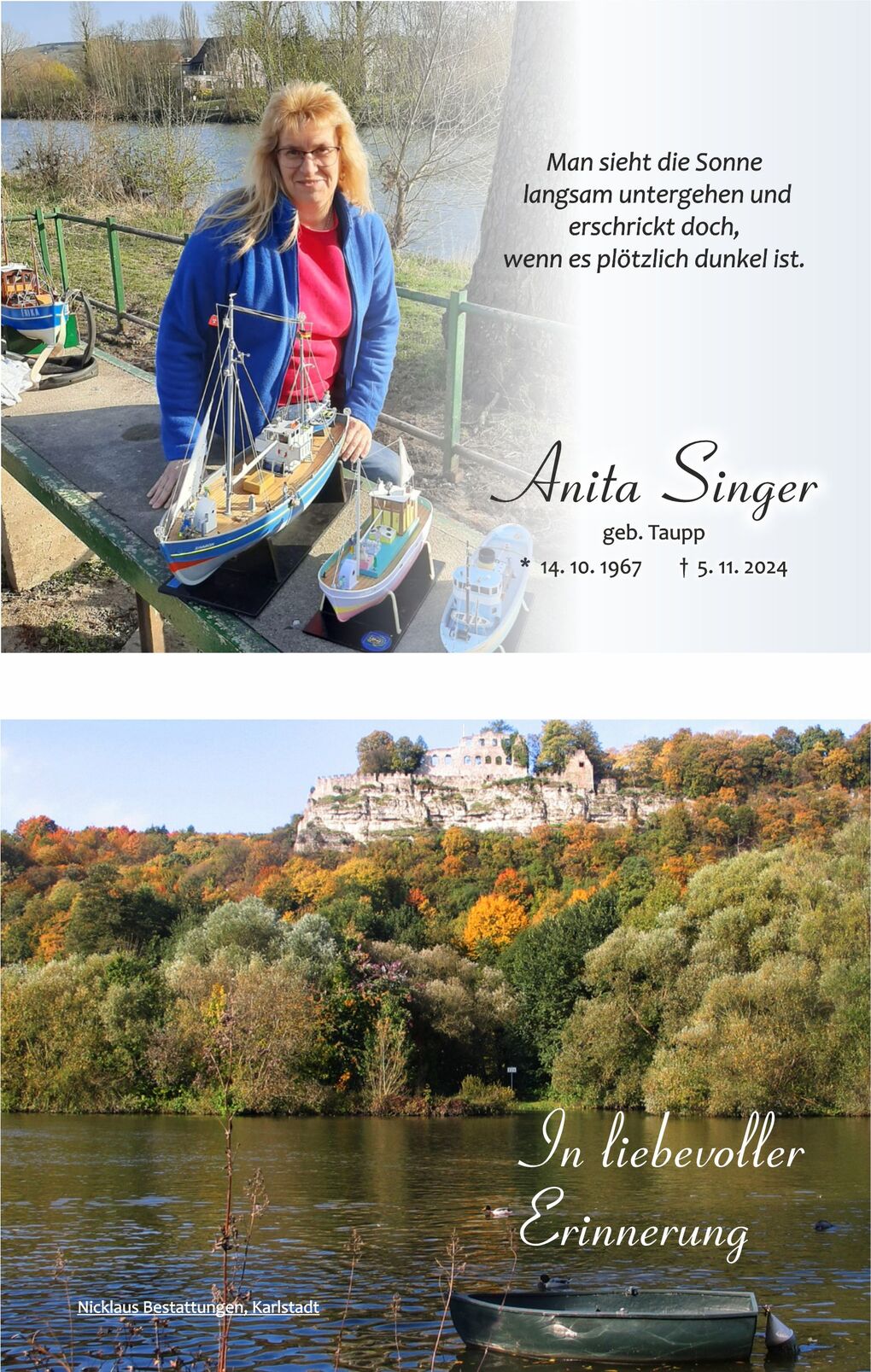 Frau mit blonden Haaren sitzt neben Modellbooten an einem Fluss, umgeben von B&auml;umen im Fr&uuml;hling. Text oben links im Bild.