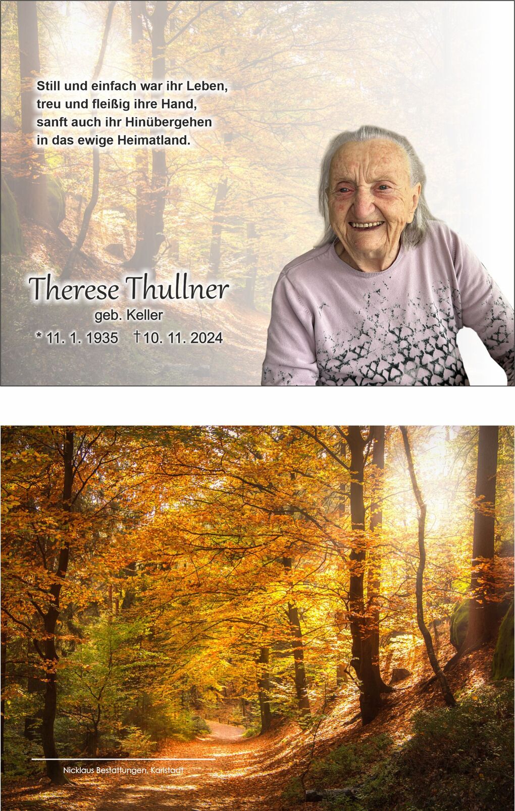 Bild einer Traueranzeige mit Portr&auml;t einer l&auml;chelnden &auml;lteren Frau und herbstlicher Waldlandschaft im Hintergrund.