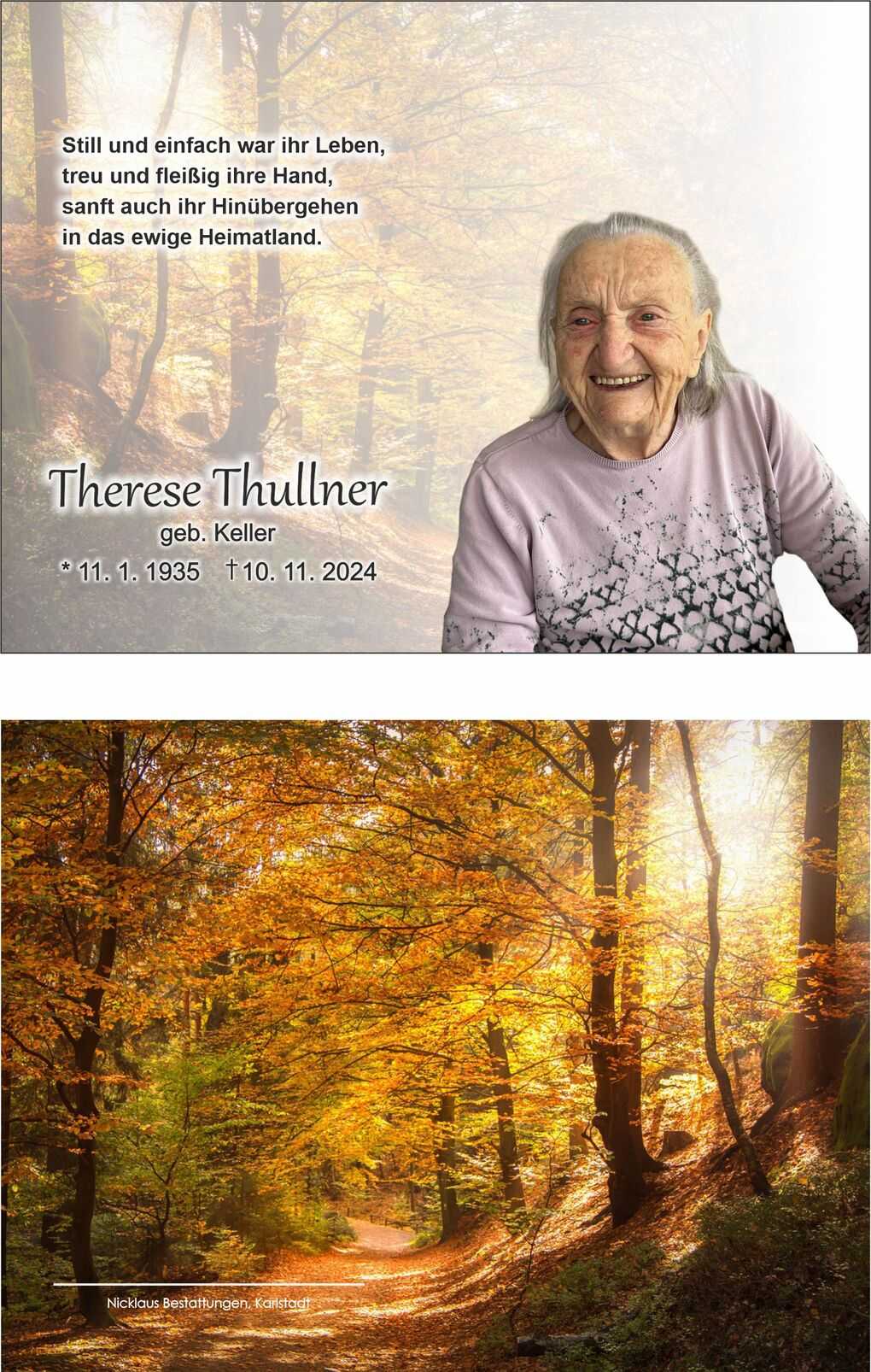 Bild einer Traueranzeige mit Portr&auml;t einer l&auml;chelnden &auml;lteren Frau und herbstlicher Waldlandschaft im Hintergrund.
