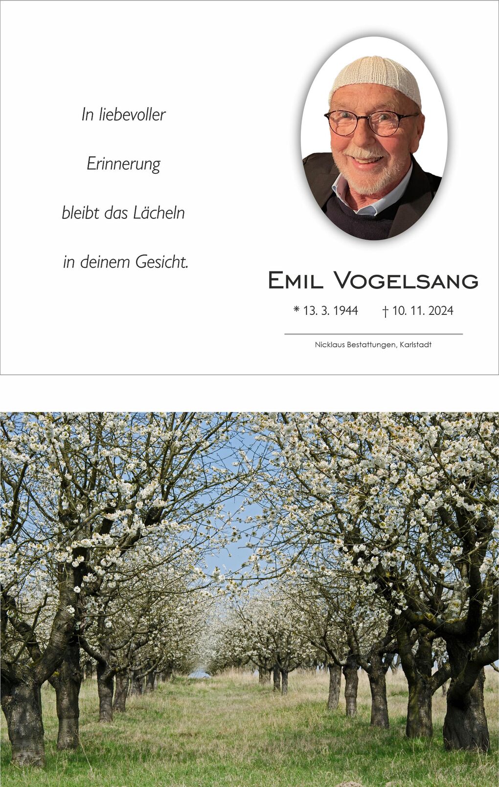 Erinnerungskarte mit Foto von Emil Vogelsang und bl&uuml;henden Obstb&auml;umen auf einer Wiese. Text in heller Schrift.