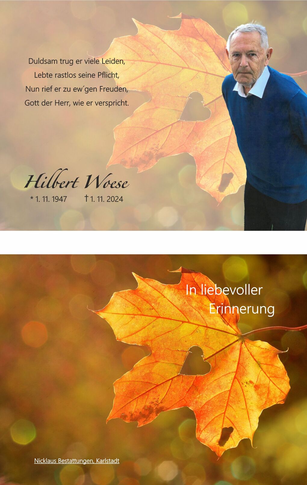 Gedenkblatt mit einem &auml;lteren Mann, seinem Namen und Geburts- sowie Sterbedatum, umgeben von herbstlichen Bl&auml;ttern.