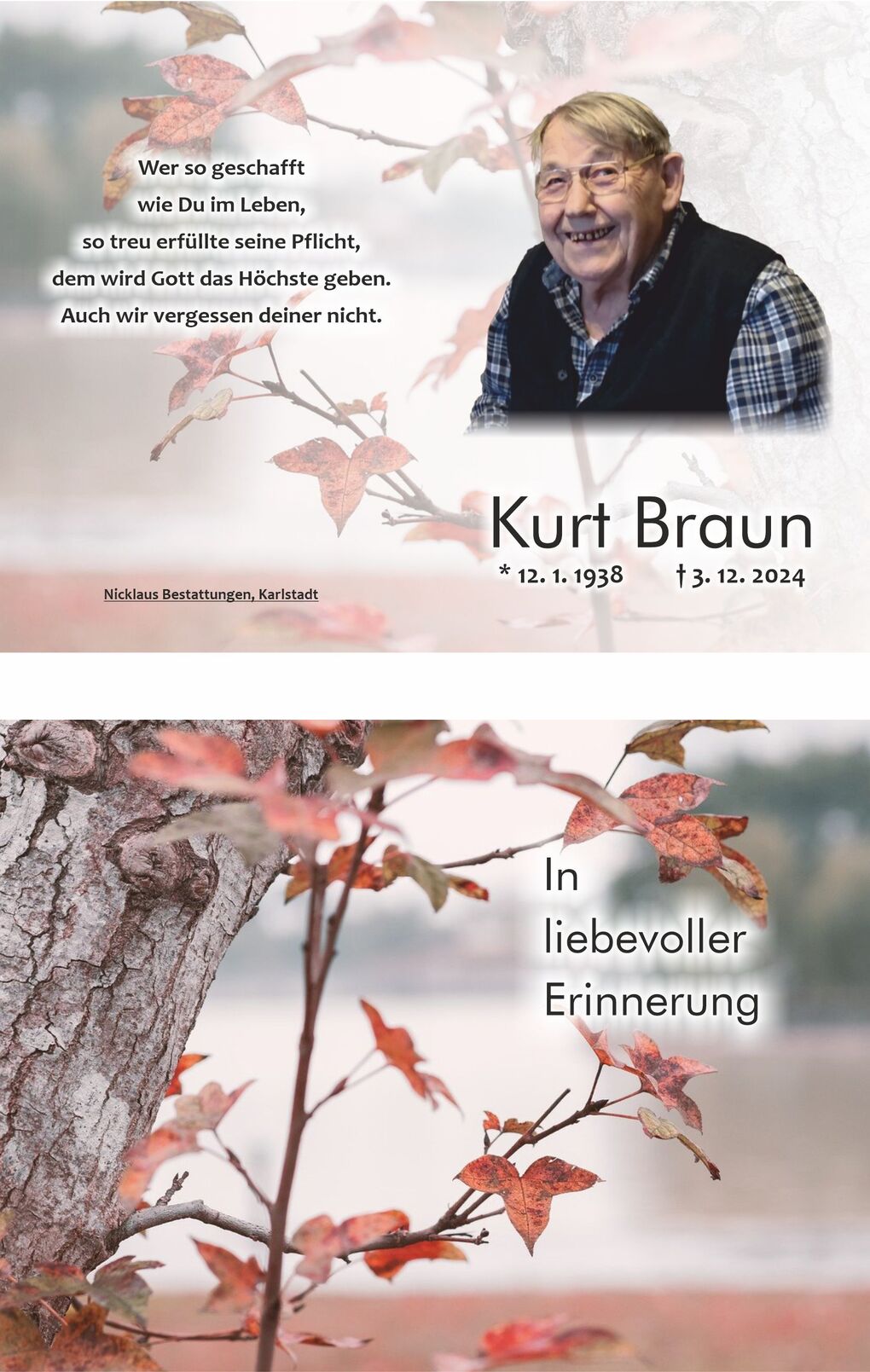Portr&auml;t eines l&auml;chelnden &auml;lteren Mannes mit einer Widmungsinschrift und herbstlichen Bl&auml;ttern im Hintergrund.