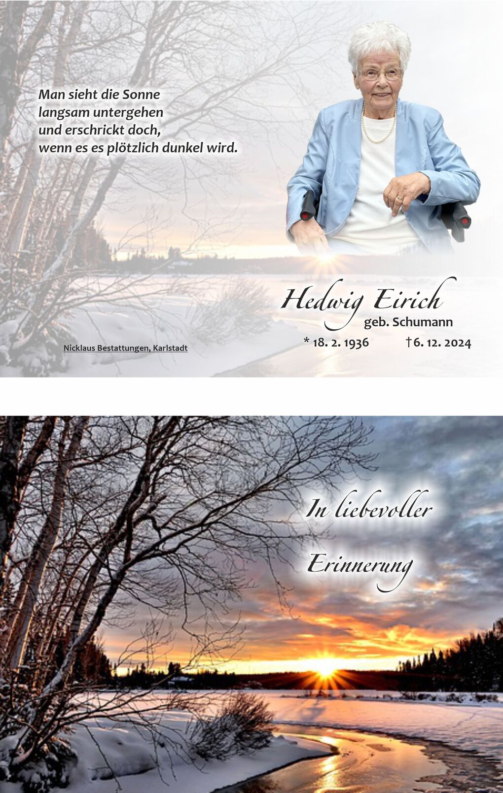 Portrait einer l&auml;chelnden &auml;lteren Frau in blauer Jacke, umgeben von einem sanften Naturszenario bei Sonnenuntergang.