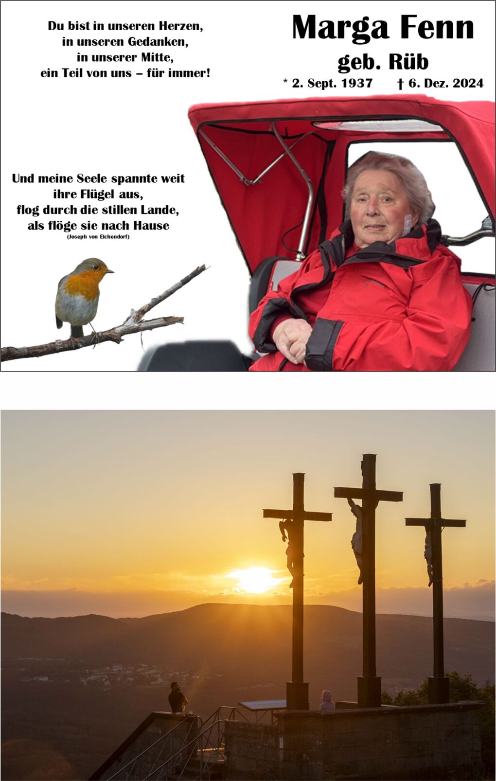 Trauerkarte mit Bild von Marga Fenn in roter Jacke, Zitat und einem Rotkehlchen auf einem Ast.