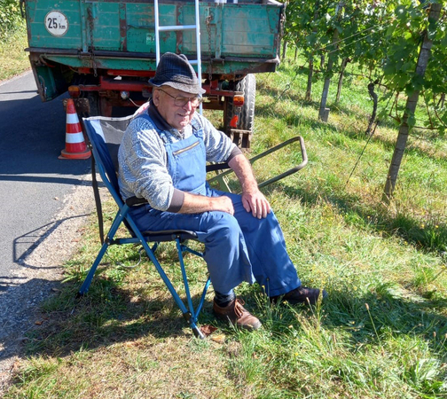 Mann in blauer Latzhose sitzt auf einem Klappstuhl neben einem Traktor in einem Weinberg.