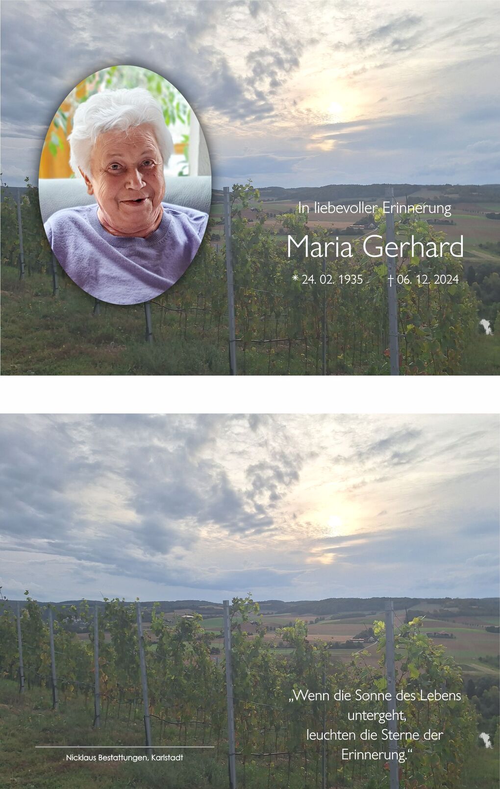 Portr&auml;t einer l&auml;chelnden &auml;lteren Frau auf einem Hintergrund mit Weinreben und wolkigem Himmel.