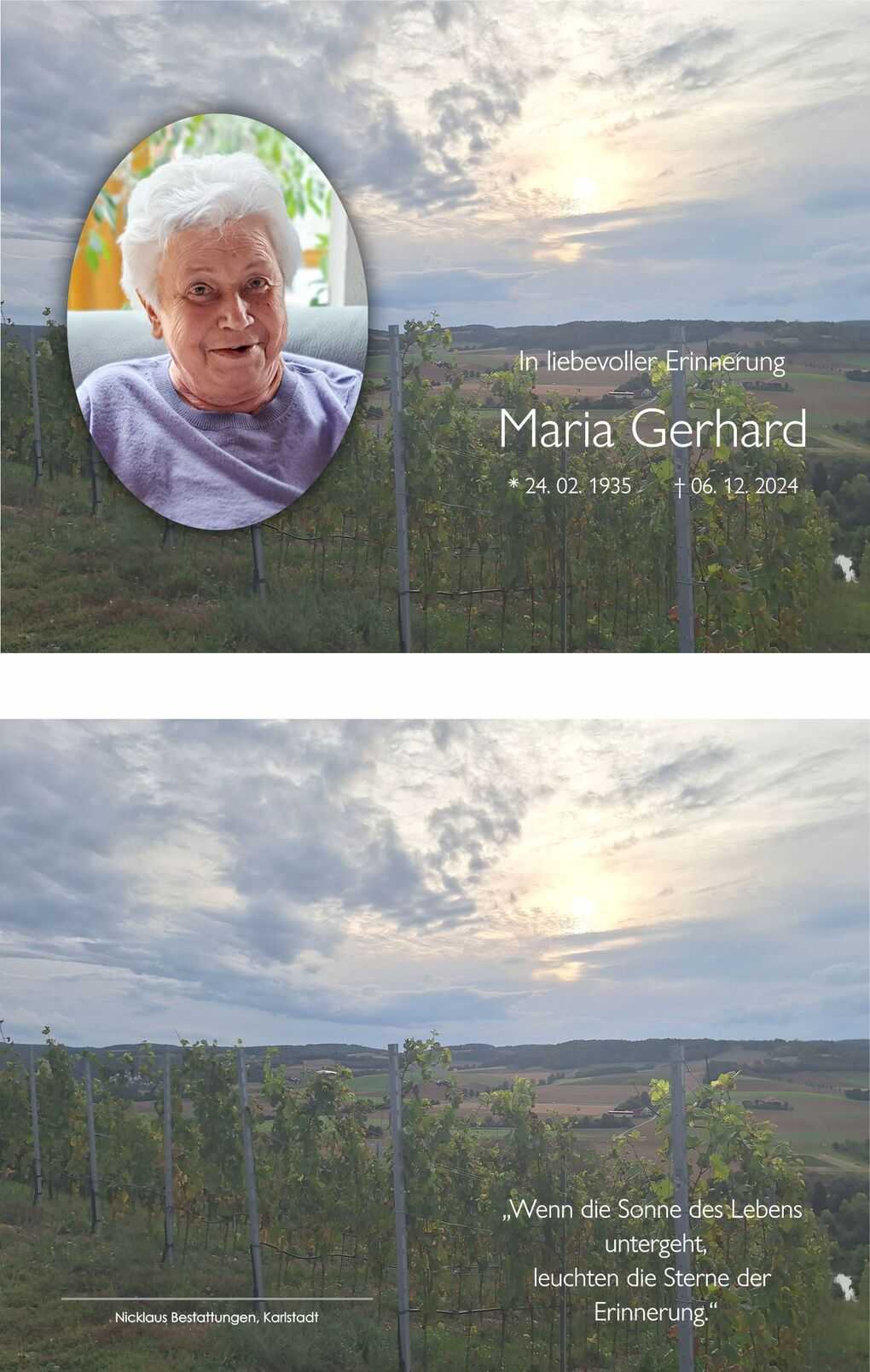 Portr&auml;t einer l&auml;chelnden &auml;lteren Frau auf einem Hintergrund mit Weinreben und wolkigem Himmel.