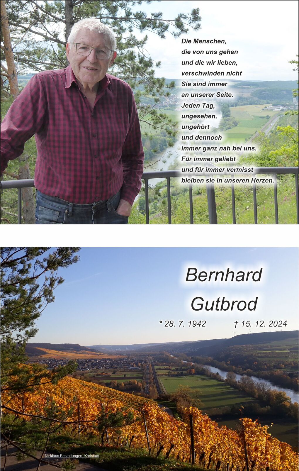 Portr&auml;t eines &auml;lteren Mannes in einem karierten Hemd, vor einer Aussicht mit Fluss und Landschaft, begleitet von Gedenkstext.