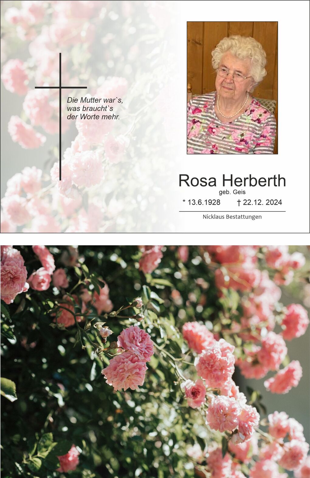 Gedenkseite mit einem Foto einer &auml;lteren Dame, rosafarbenen Blumen und einem Kreuz, beschriftet mit ihren Lebensdaten.