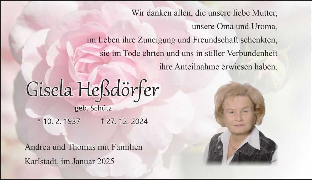 Trauerkarte mit Foto von Gisela He&szlig;d&ouml;rfer, umgeben von rosa Blumen, und Dankesworten ihrer Familie.