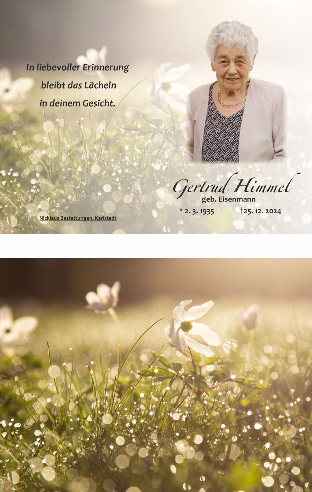 Portr&auml;t einer &auml;lteren Frau vor einer unscharfen, bl&uuml;henden Wiese mit dem Text "In liebevoller Erinnerung" und ihren Lebensdaten.