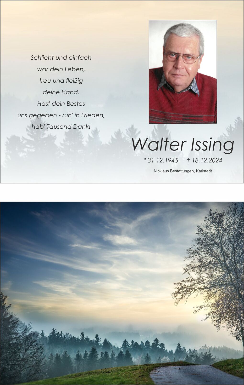 Gedenkblatt mit einem Bild eines &auml;lteren Mannes, umgeben von einer naturnahen, nebligen Waldlandschaft.