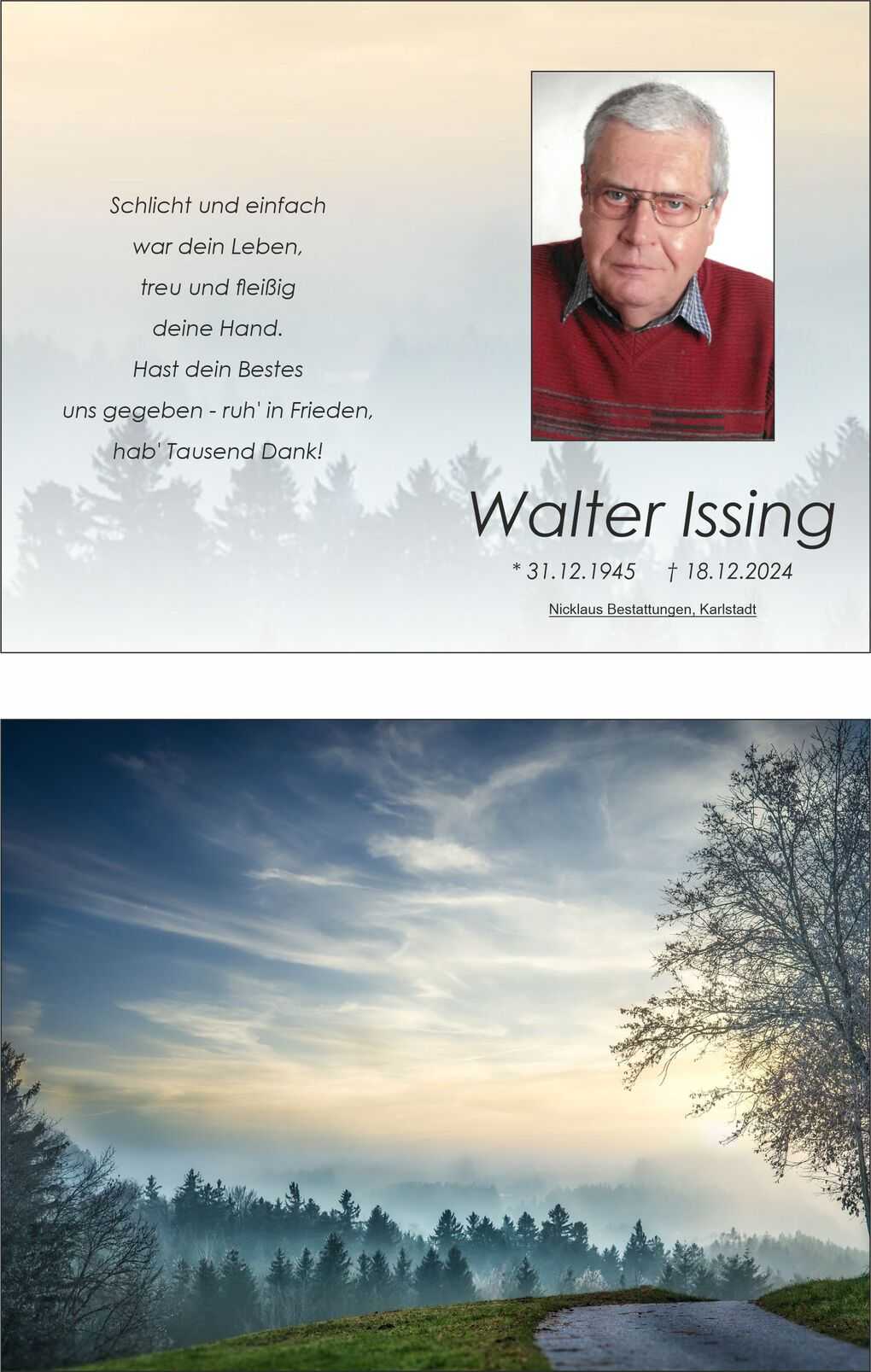 Gedenkblatt mit einem Bild eines &auml;lteren Mannes, umgeben von einer naturnahen, nebligen Waldlandschaft.