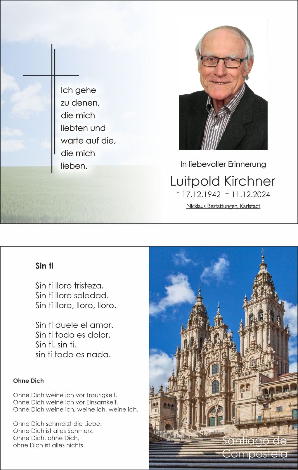 Trauerkarte mit Foto von Luitpold Kirchner und dem Text in Erinnerung an ihn, sowie Sicht auf die Kathedrale von Santiago de Compostela.
