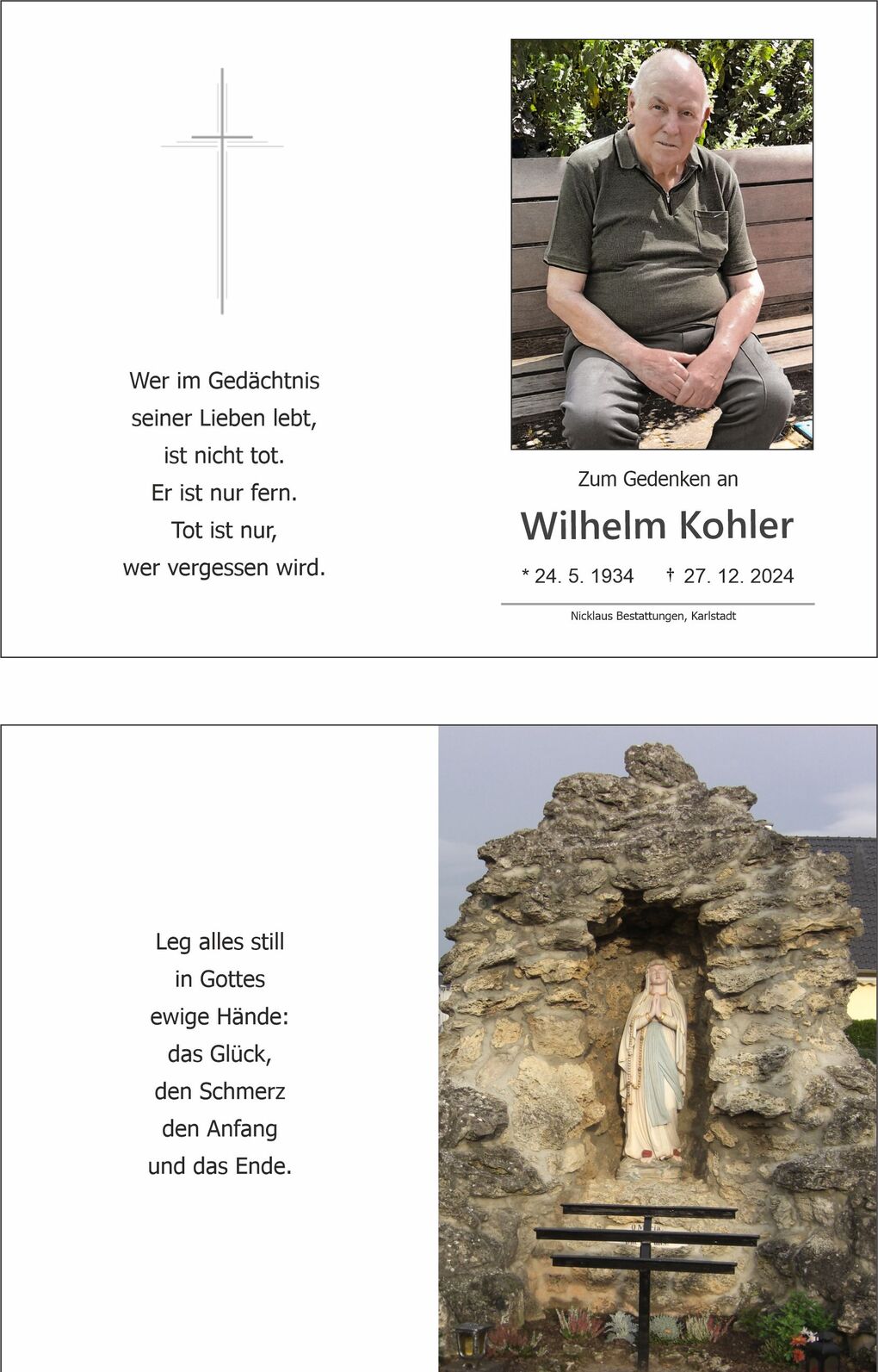 Gedenkkarte mit Foto eines &auml;lteren Mannes auf einer Bank und einer Statue in einer Nische, umgeben von Steinen.