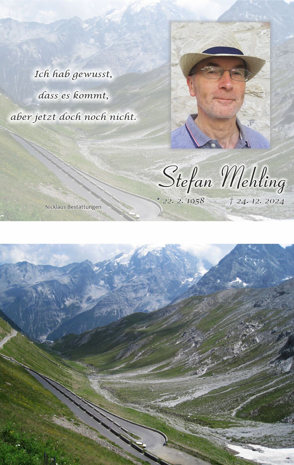 Gedenkblatt f&uuml;r Stefan Mehling mit seiner Fotografie und einer Berglandschaft im Hintergrund.