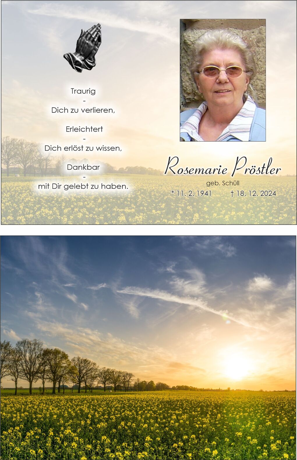 Traueranzeige für Rosemarie Pröstsler mit Foto und gelbem Blumenfeld im Hintergrund bei Sonnenuntergang.