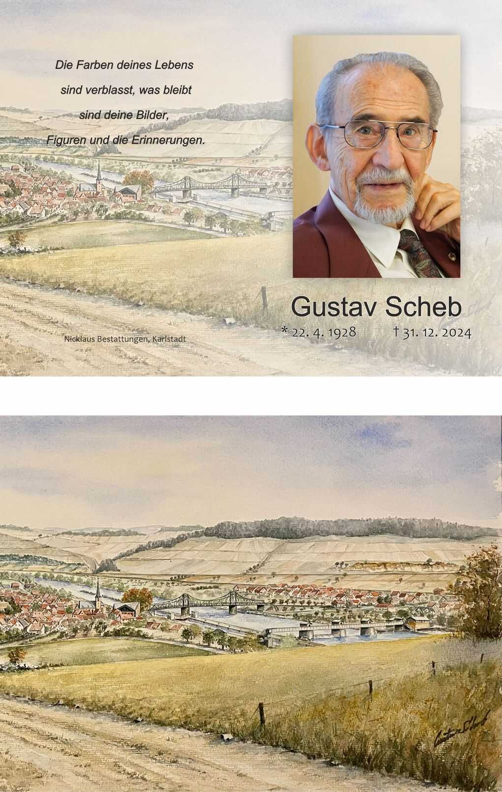 Portr&auml;t von Gustav Scheb neben Aquarell einer Landschaft mit dem Ort und einer Br&uuml;cke im Hintergrund.