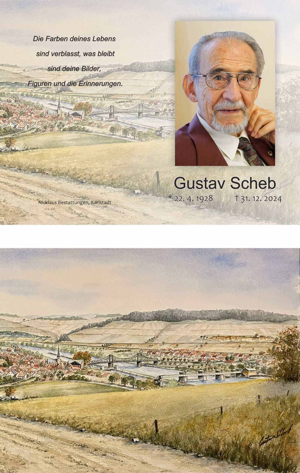 Portr&auml;t von Gustav Scheb neben Aquarell einer Landschaft mit dem Ort und einer Br&uuml;cke im Hintergrund.