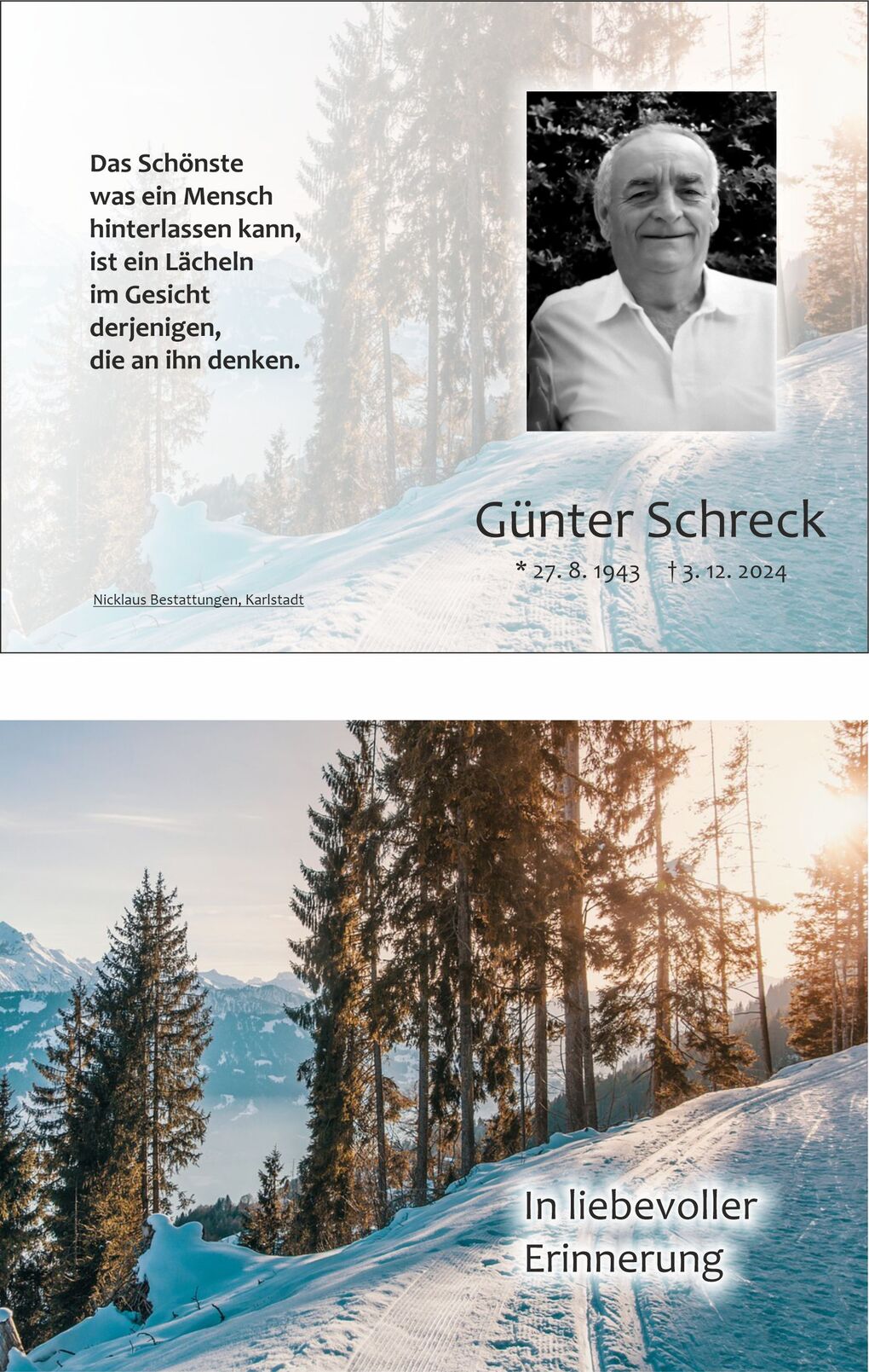 Erinnerungskarte mit einem Portrait von G&uuml;nter Schreck und einer winterlichen Landschaft im Hintergrund.