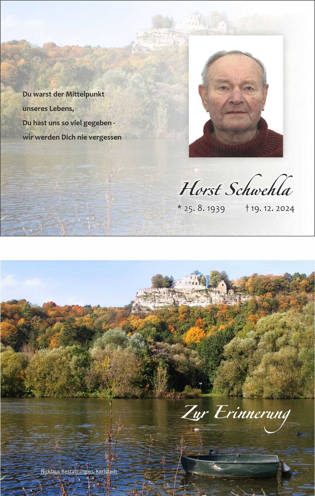 Gedenkblatt mit Foto eines Mannes und Landschaft mit B&auml;umen und Fluss im Hintergrund, beschriftet mit pers&ouml;nlichen Erinnerungen.